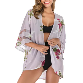 

Shirt Mesh Hollow Out Patchwork Blouse Women Casual Vintage Cardigan Ladies 2019 Summer Long Loose Flora Printed Blouse Tops