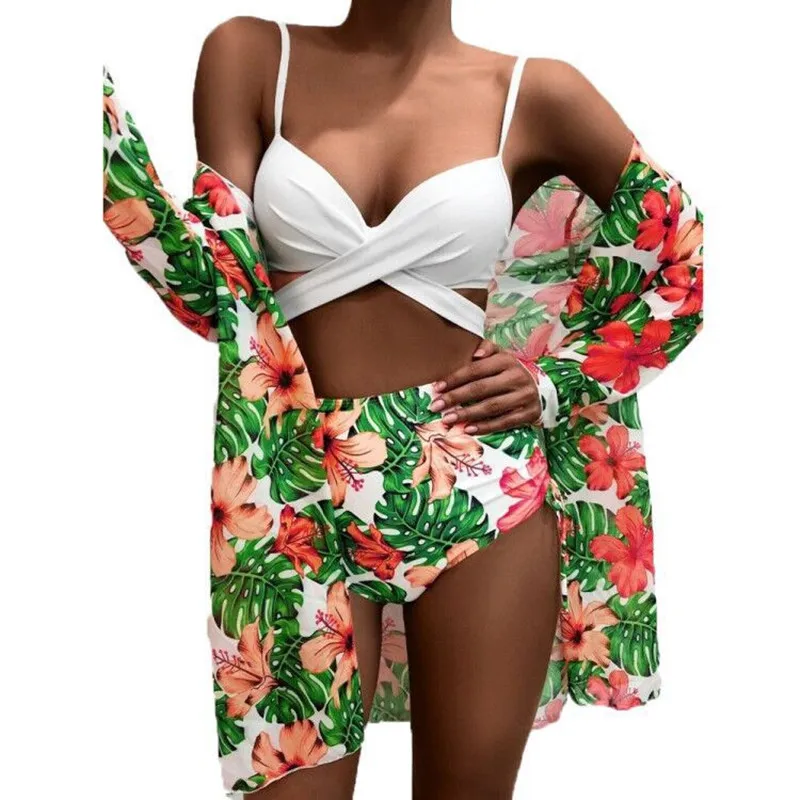 2021 New Swimsuit Female Sexy Bikini Sets Three-Piece Swimming Suit Floral High Waist Two-piece Swimming Wear Cross Bikini Women push up bikini set