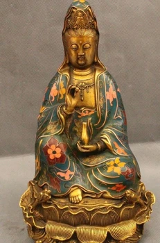 

zm 11" Chinese Buddhism Cloisonne Bronze Gild Seat Kwan-yin Guan Yin Vase Statue