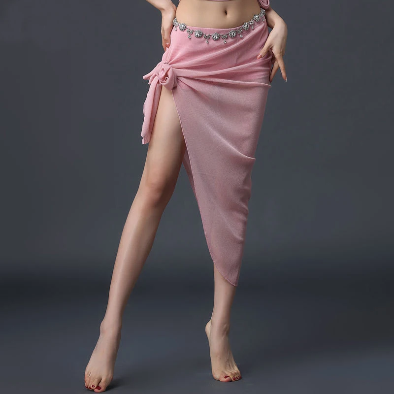 Pink skirt Блестящая серебряная трикотажная Женская команда, комплект из 2 предметов, комплект для танца живота, сексуальная танцевальная одежда для выступлений, одежда для шоу, красная одежда - Цвет: Pink skirt