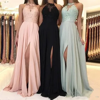 

Halter Chiffon Lace Appliques Bridesmaids Dresses Sleeveless Custom Split Side Custom Made Honor Of Maid Spring Guest Party Gown
