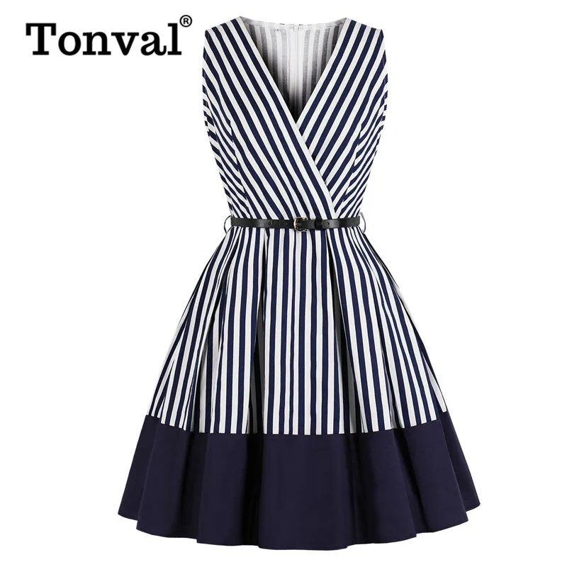 

Tonval V-Neck Wrap Sleeveless Belted Pleated Striped Dress Pocket Side Color Block Vintage Party Summer Women Dresses