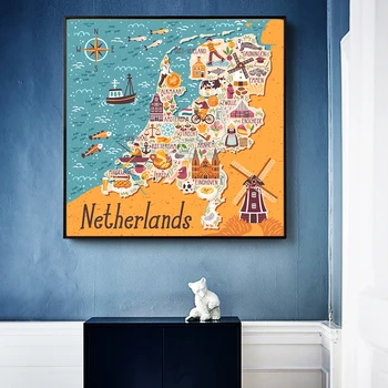 

Modern Cartoon Large Size Map of The Netherlands Canvas Painting Posters and Print Wall Art Picture for Living Room Decor Cuadro