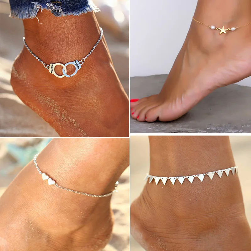 

Vintage Silver Color Anklets for Women Girl Bohemian Freedom Handcuffs Ankle Bracelet on the Leg Barefoot Party Jewelry Gift New