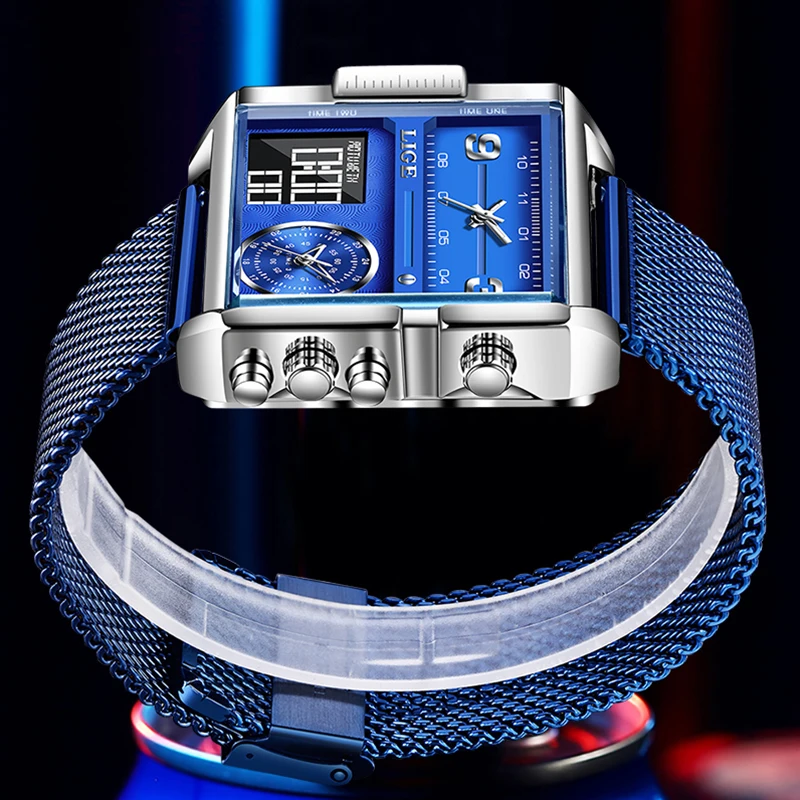 LIGE Brand Men Sport Watches 3 Time Zone Big Man Fashion Military LED Watch Ultra-thin Mesh Men Quartz Wristwatches Reloj Hombre
