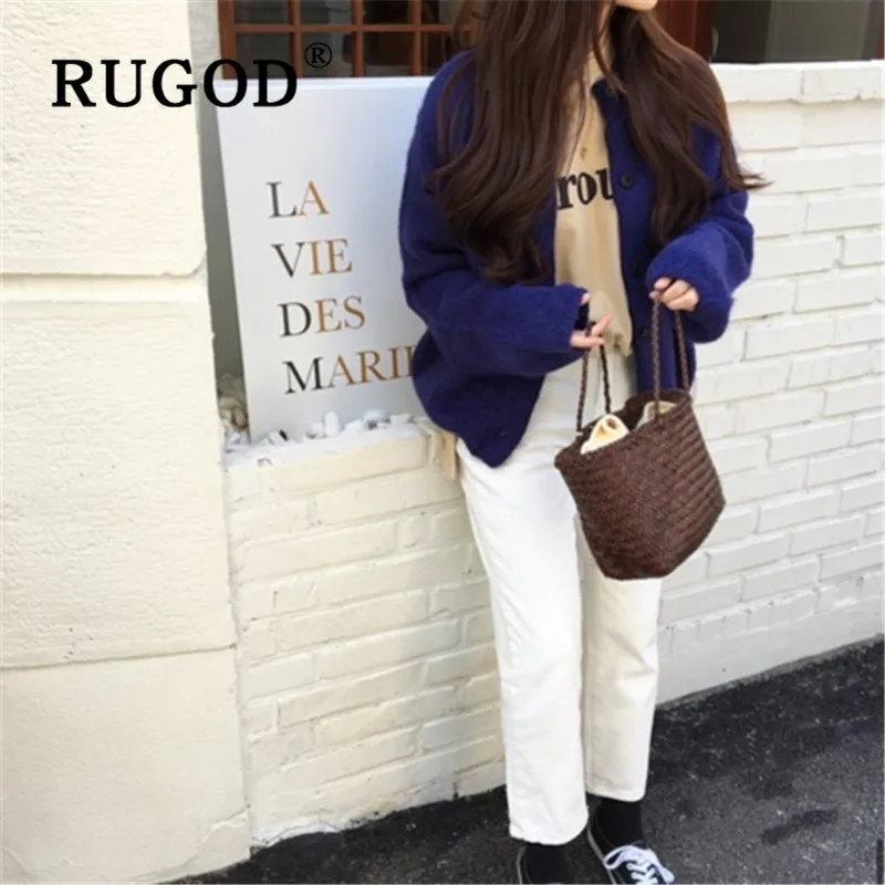 RUGOD, винтажный кардиган, однобортный, мохер, свитера для женщин, сплошной цвет, круглый ворот, укороченный жакет, мода
