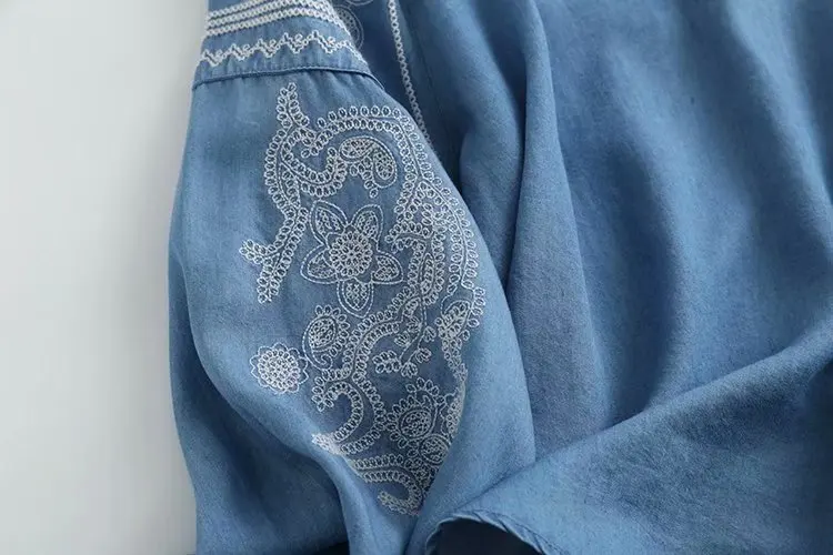 spring embroidery denim shirt women cotton casual v neck soft light blue denim tops and blouses blusas mujer new 4