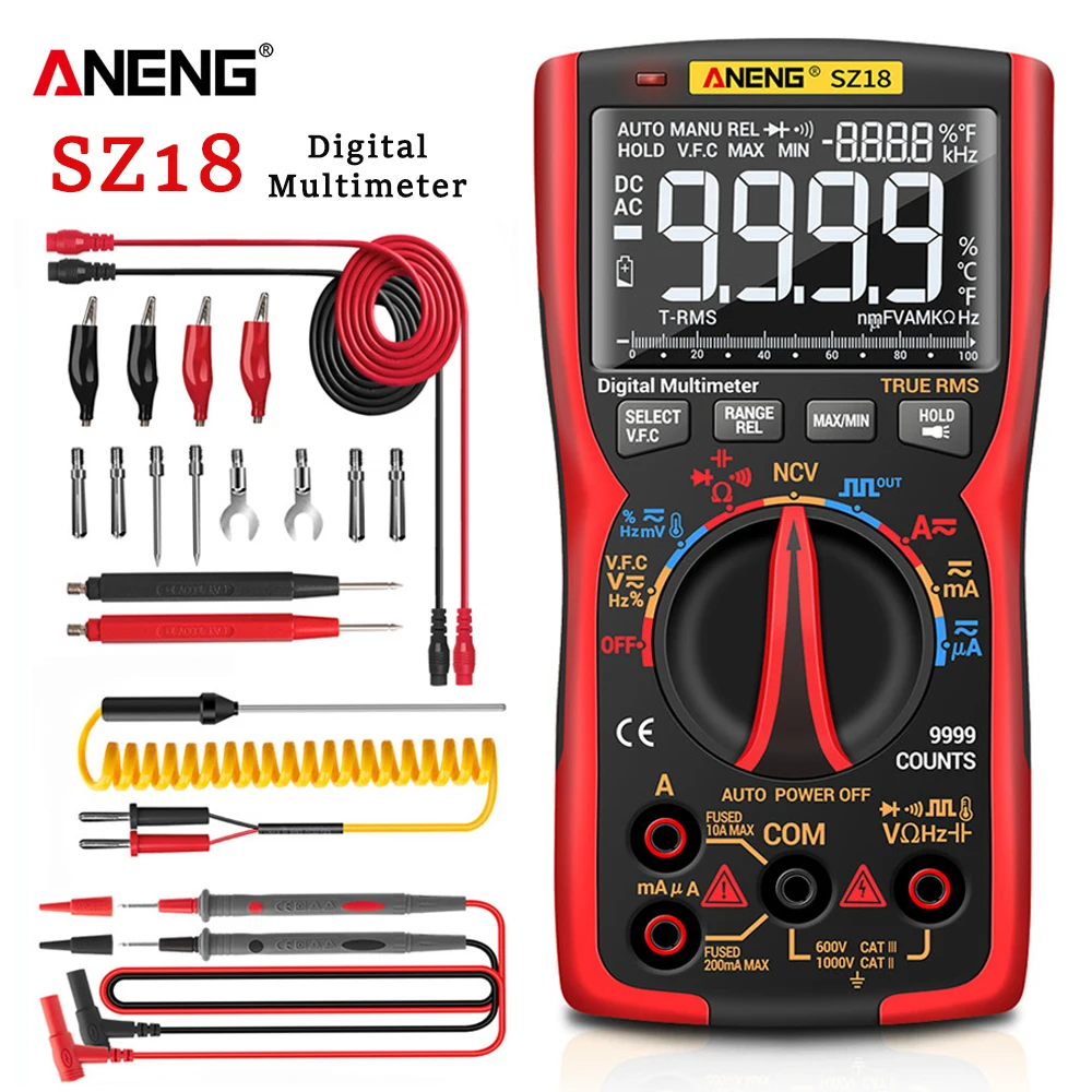 Multimetro Digital ANENG SZ18 9999 polimetro tester profesional multimeter pinza amperimetrica comprobador valores eficaces verdaderos probador analógico Multimetro DIY condensador Transistor NCV probadores medidor Lcr