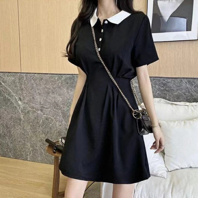 Short Sleeve Dress Women Ins Empire Simple Black Basic Summer Trendy Preppy Girls Clothing Leisure A-line Mujer Vestido Retro macys dresses Dresses