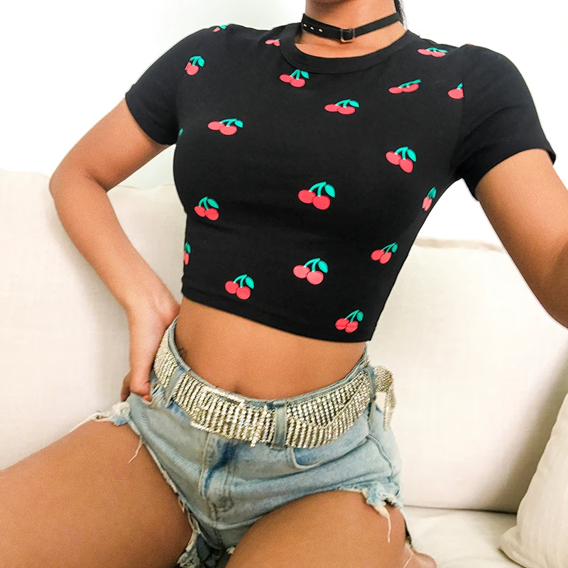 

2019 New Fashion Women Summer Women Short Sleeve T-Shirt Cherry Print Slim Navel Short Crop O-Neck T-Shirt Girls Crop Tops