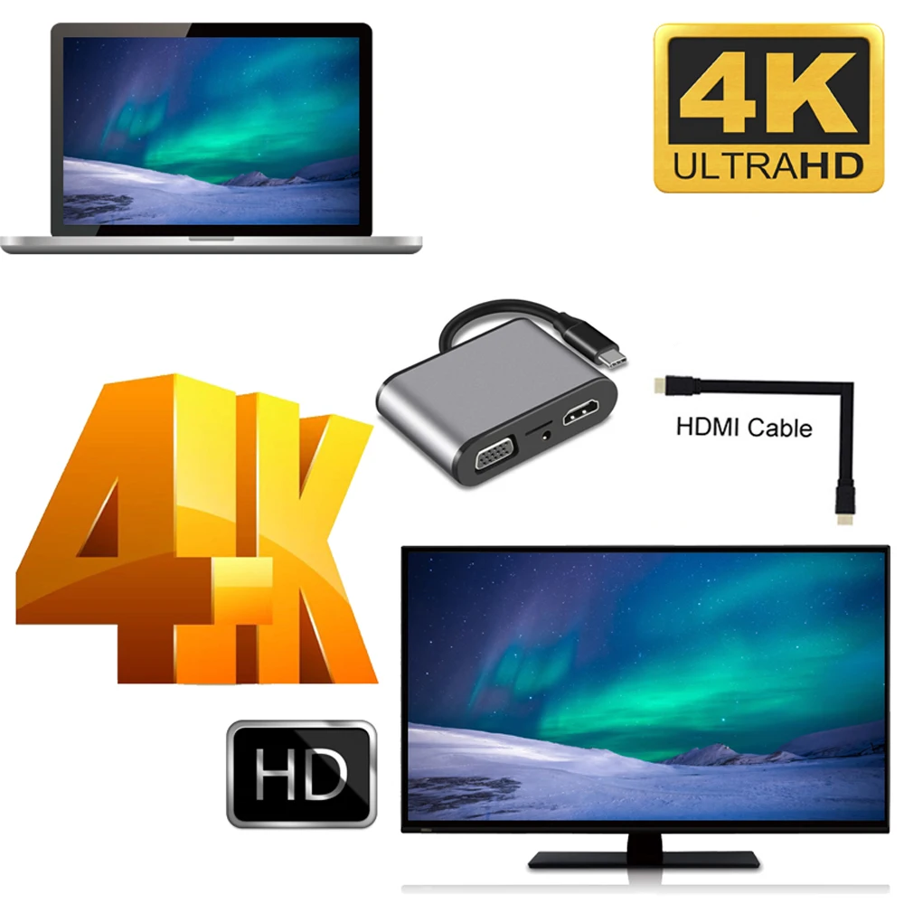 AIREACH USB HDMI Тип c Hdmi mac 3,1 конвертер адаптер Тип c к hdmi/USB 3,0 2,0/VGA аудио TF для Apple Macbook адаптер