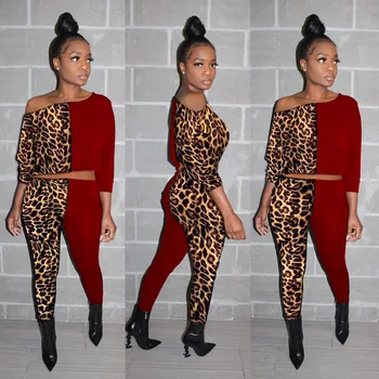 

Womens Tracksuit Set Patchwork Leopard Tracksuit Women Off Shoulder Pullover Top + Bodycon Pencil Pants Autumn Women 2 Piece Set