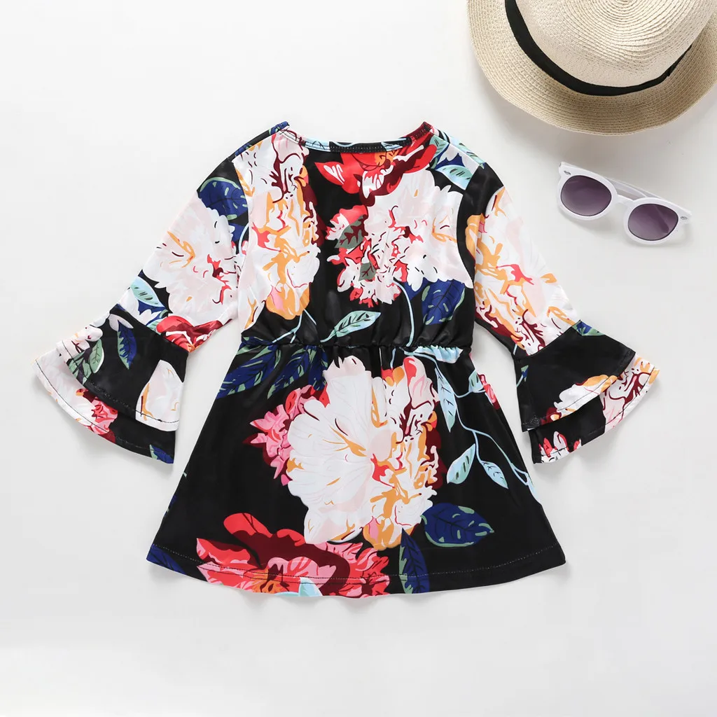 Baby Girl Dresses Clothes Long Sleeve Bow Clothes Dress Girl Winter O-Neck Splicing Print Floral Family Clothes Dress Y89
