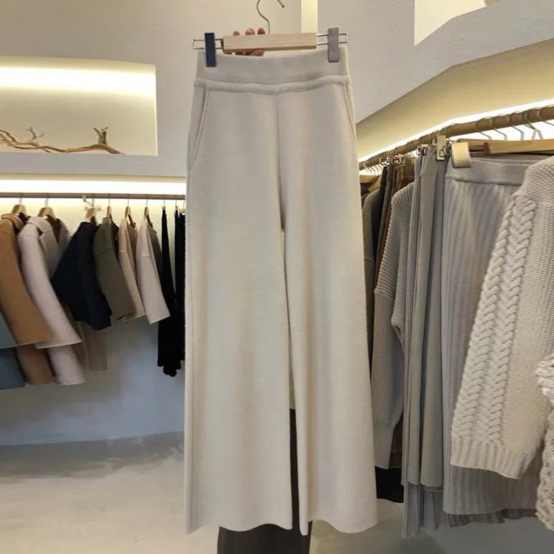 

2019 Autumn Pants New Women Version of Loose High Waist Slimming Hanging Feeling Knitted Wide Leg Pants Black Pants Women