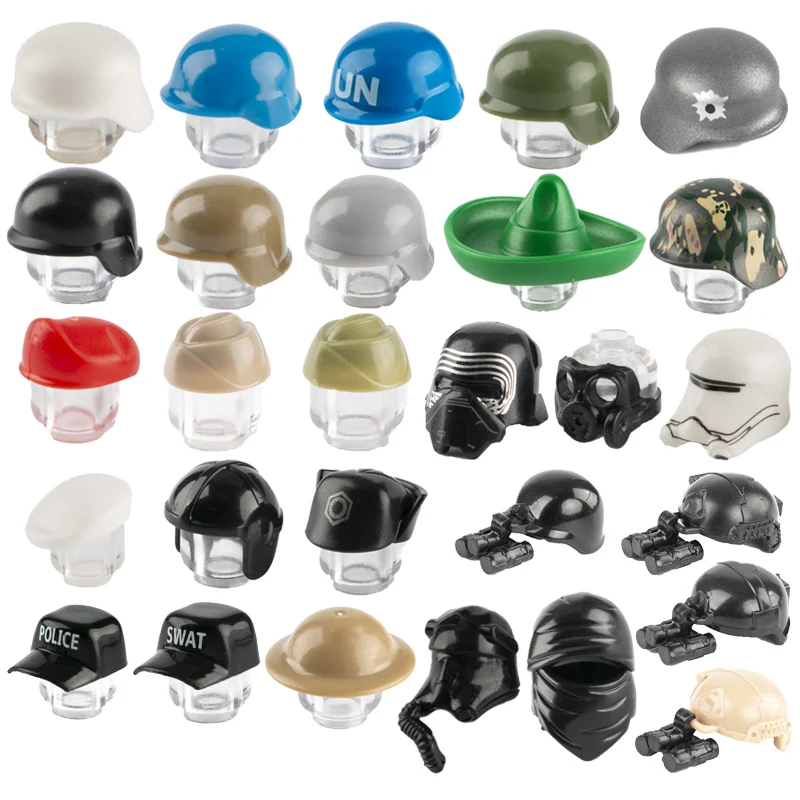 

10pcs WW2 MOC Soldier Trooper Helmet Hat Gas Mask city Police SWAT Hat cap building block Military Weapon Army Accessory toys