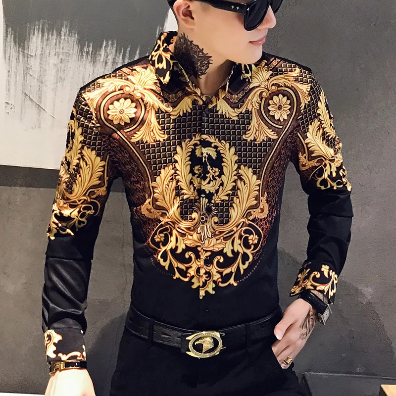 Черная Золотая Мужская рубашка, роскошная Корейская мужская рубашка с длинным рукавом и принтом, мужская приталенная Повседневная блуза, мужская рубашка в стиле барокко для банкета, Пейсли
