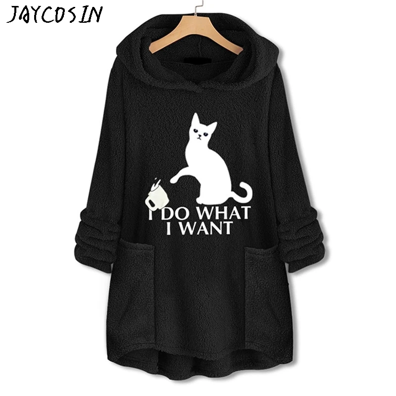 Женское флисовое пальто с вышивкой кошачьими ушками JAYCOSIN кофта капюшоном и