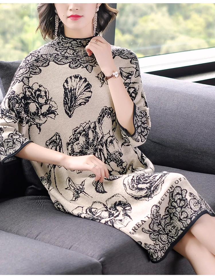 Vintage Floral Midi Dresses Autumn Winter New Female 3XL Plus Size Long Sleeve Dress Elegant Women Bodycon Party Vestidos