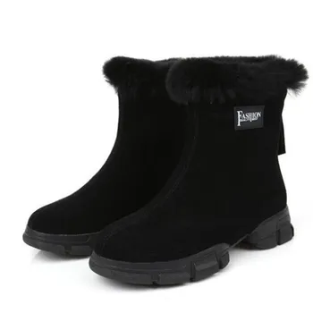 

2019 New Real Rabbit Fur Decoration Real Matte Cowhide Warm Winter Boots Thick Bottom Wedges Warm Snow Boots Women Shoes Boots