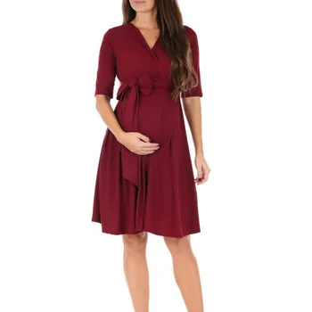 

Fashion Hot Pregant Women Solid Color V-neck Bandgae Mini Dress With Sashes V-Neck Soft Night Dresses Nuring Maternity Dresses