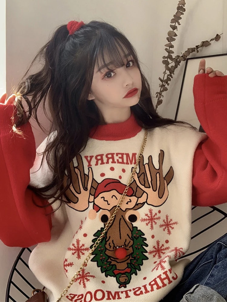

Christmas New Year Retro Red Green Sweater Women's Head Thicken 2019 Autumn and Winter New Loose Korean Thick Wool Jacket Tops