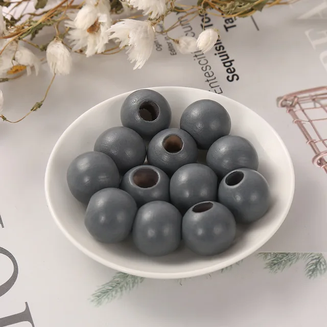 DIY New Products 20mm Colorful Big Hole Round Wooden Beads Custom Fashion Crafts Kid's Jewelry Baby Toys Accessories Wholesale Dark Grey