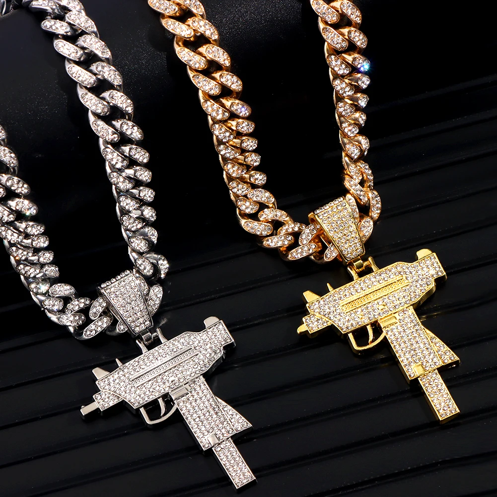 Hip Hop Men Women Submachine Gun Pendant Iced Out Chain