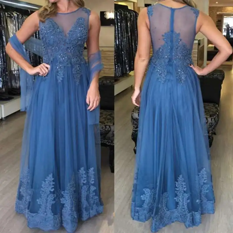 

Formal Evening Dress 2020 Blue Lace appliques with beads Sweep floor Robe de soiree Abendkleider Party Gowns