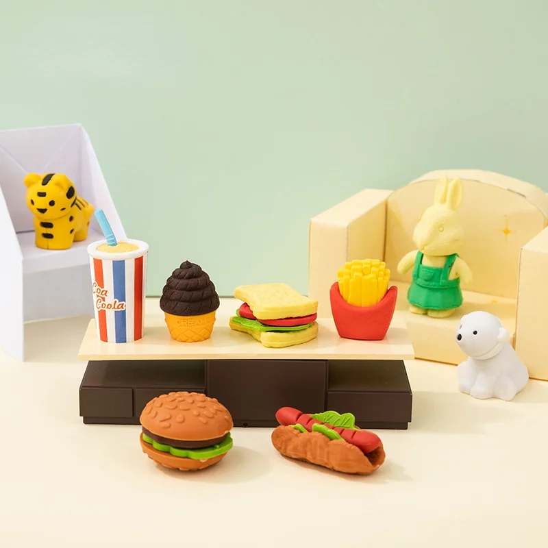 

6Pcs/Set Can Be Assembled Eraser Fast Food Hamburger Fried Chicken Novelty Rubber Prize School Supplies