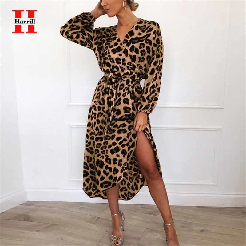

Women Leopard Dress Spring V-neck Long Sleeve Loose Chiffon Maxi Dress Female High Waist Lace Up Bohemia Dresses Robe vestido
