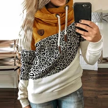 

Turtleneck Leopard Patchwork Hoodies Women Fashion Long Sleeve Drawstring Hooded Tops Autumn Winter Pocket Pullovers Sweatshirts