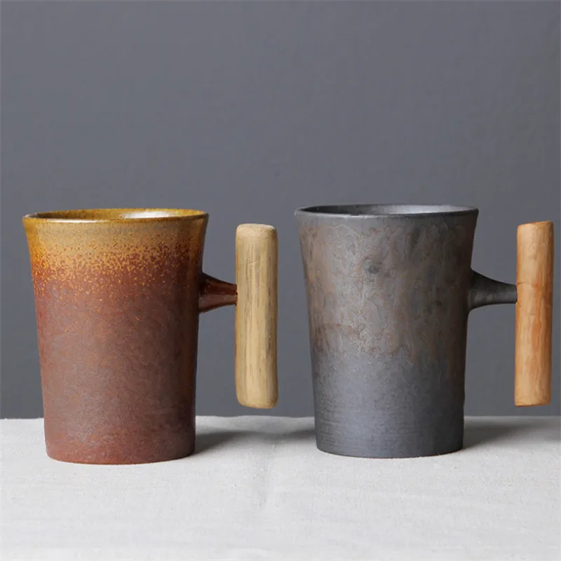 

Modern and Simple Japanese Retro Ceramic Coffee Cup Creative Anti-rust Glaze Milk Beer Mug with Wooden Handle Water Cup Office