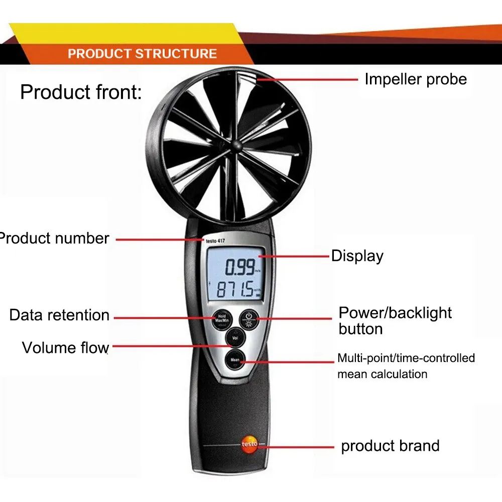 testo417 anemometer Testo 417 лопастной анемометр с крыльчаткой зонд воздушный объем крышка цифровой измеритель скорости ветра яркая подсветка дисплей комплект воздуховодов - Цвет: testo417 anemometer
