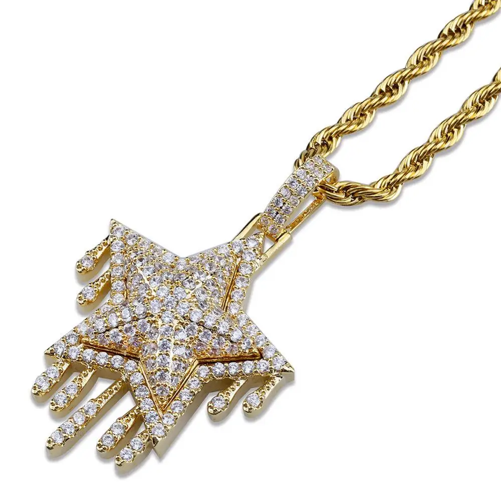 Хип хоп Полный CZ Циркон вымощенный Льдом Из Bling капли воды звезда подвески ожерелье для мужчин женщин рэппер ювелирные изделия золото серебро