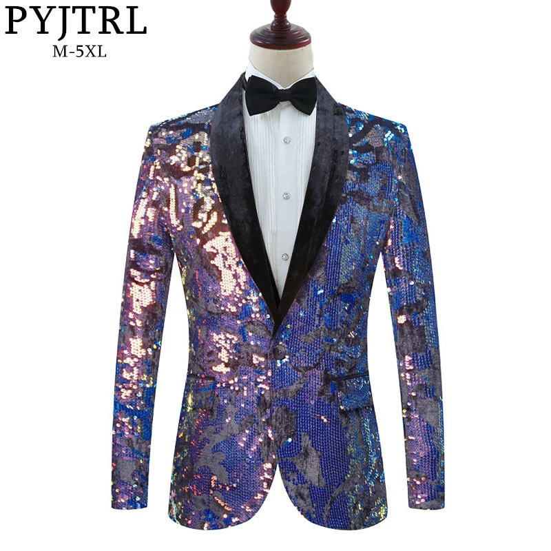 PYJTRL Модный Фиолетовый красочный бархат блёстки Блейзер Masculino Slim Fit мужской костюм куртка сценический певец костюм блестящие пиджаки - Цвет: blue jacket