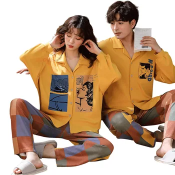 

Cotton Cardigan Couple Pajamas Women's Spring And Autumn Models Korean Cartoon Home Sleeve Trousers Autumn And Winter Plus Size