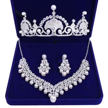 

Baroque Crystal Pearl Bridal Jewelry Sets Rhinestone Choker Necklace Earrings Tiaras Crown Set Wedding African Beads Jewelry Set