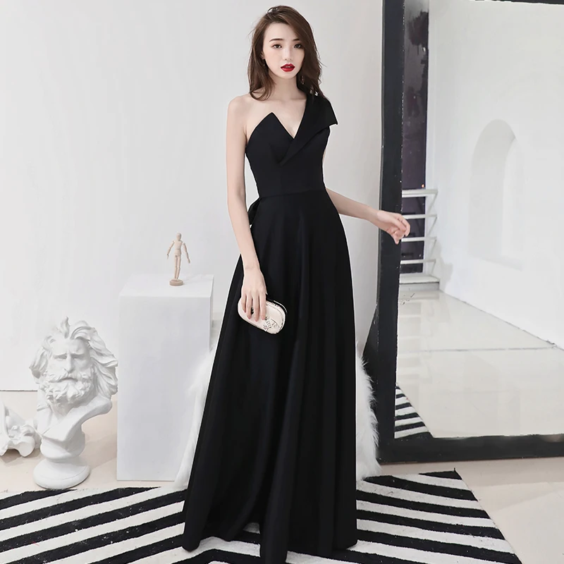 Женское элегантное сатиновое вечернее платье, черное, на одно плечо, Cheongsam, благородный бант, Qipao, сексуальное, v-образный вырез, Vestidos De Festa