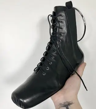 as show Mental Ring Women Ankle Boots Fashion Square Toe Lace Up Women Genuine Leather Shoes For Winter Boots Shoes Causal Shoes Woman - Цвет: as show
