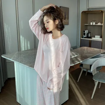 

Spring Casual Homewear Top+Pants Pijama Sets 2 Pcs Pink Plaid Women Pajamas Sets Pyjama Nightwear Long Sleeve Sleepwear Female