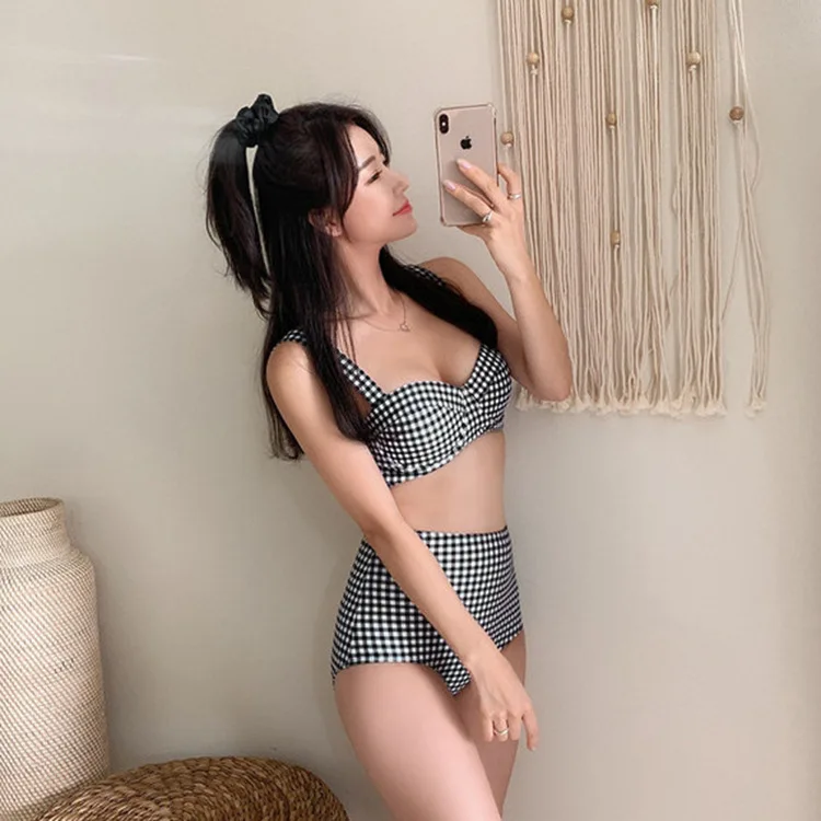 

South Korea New Style Split Type Simple Checkered Two-Piece Set Underwire Slimming Belly Covering Spa Resort Bathing Suit Women'