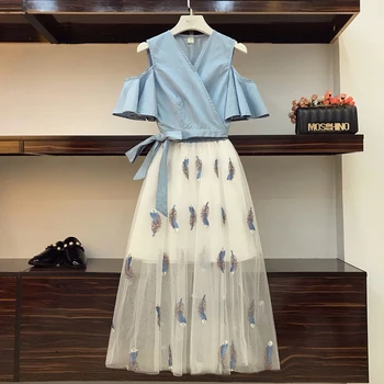 

2018 New Summer Fashion Women's Sets V Neck Ruffles Short Sleeve Tops + Ultra Long Feather Embroidery Gauze Skirt Female Suits