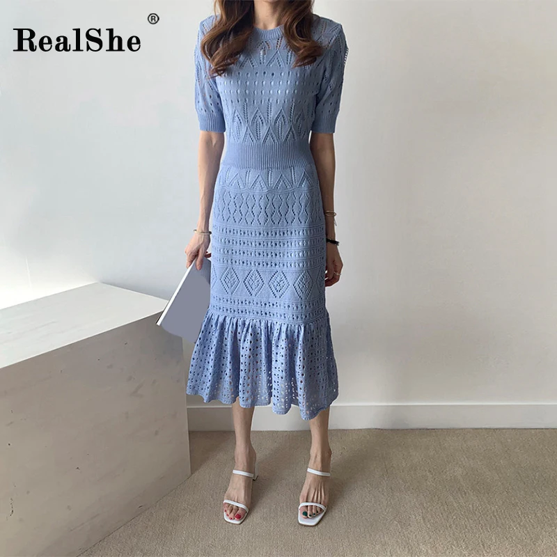 RealShe, женское платье, элегантное, с круглым вырезом, с рукавом до локтя, с оборками, сплошное, трикотажное, женское, макси платье, весна-осень, винтажное платье