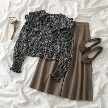 

Vintage Fashion Skirt Set Women Spring Flower Casual Long Sleeve Blouse High Waist Black Loose A-line Skirt Two Pieces Set