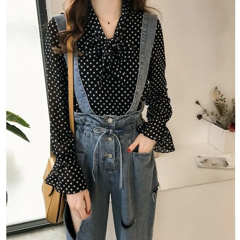 Women Lady Chiffon Bow Tie Shirt Blouse Polka Dots Top Long Sleeve Fresh Sweet Leisure | Женская одежда