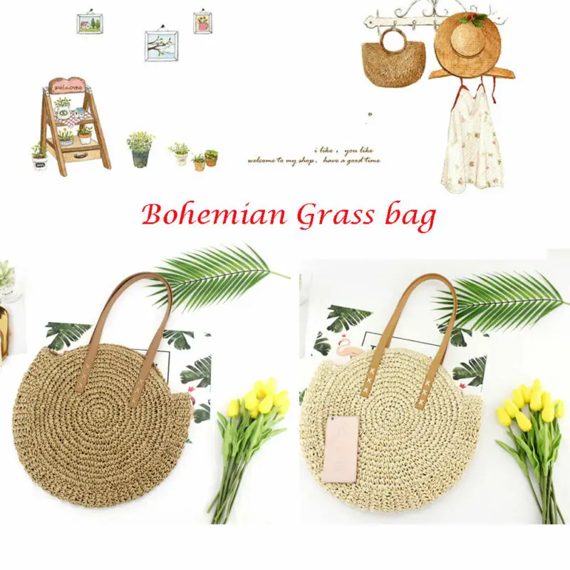Boho Для женщин женская соломянная сумки хозяйственные сумки круглый ротанга плетеная солома сумки через плечо пляжные сумки для покупок