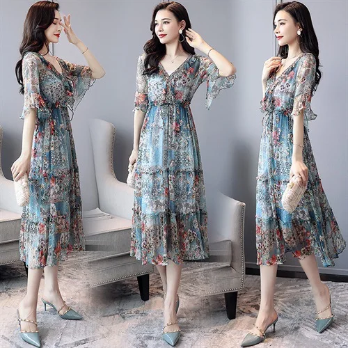 

Very Fairy of Chiffon Dress 2019 New Style Summer Popular Skirt Floral-Print Immortal Retro Fairy over-the-Knee Long Skirts