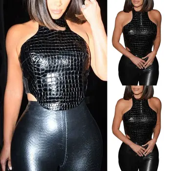 

Womens PU Leather Zip Up Strappy Crop Tops Cami Bralet Bustier Bra Clubwear Vest