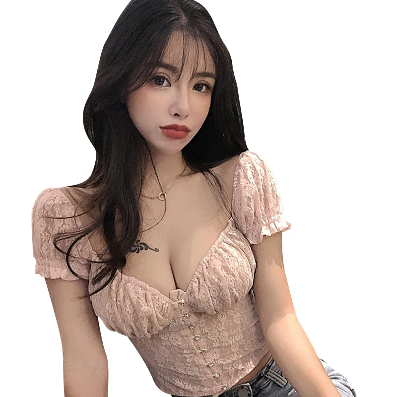Ulzzang Blusas Mujer, сексуальный клубный топ с глубоким v-образным вырезом и пышными рукавами, женская летняя Новинка, однотонные кружевные блузки-топ