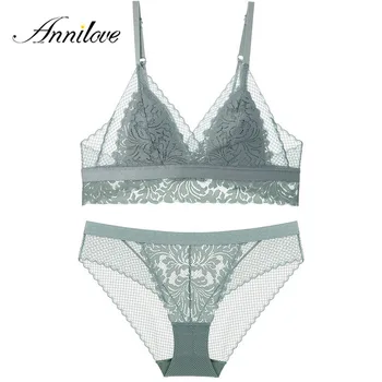 

Annilove Sexy Lace Women Bra Set Triangle Cup Breathable Bra Top Transparent Lace Lingerie Underwear Hollow Out Panty Set Bra